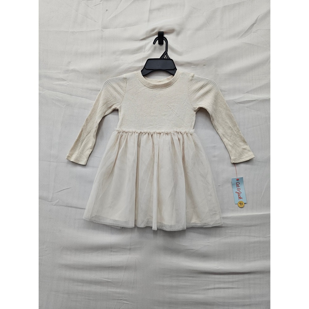 Cat & Jack Girls Long Sleeve Ribbed Tulle Tutu Dress Beige Shimmer Size 4T